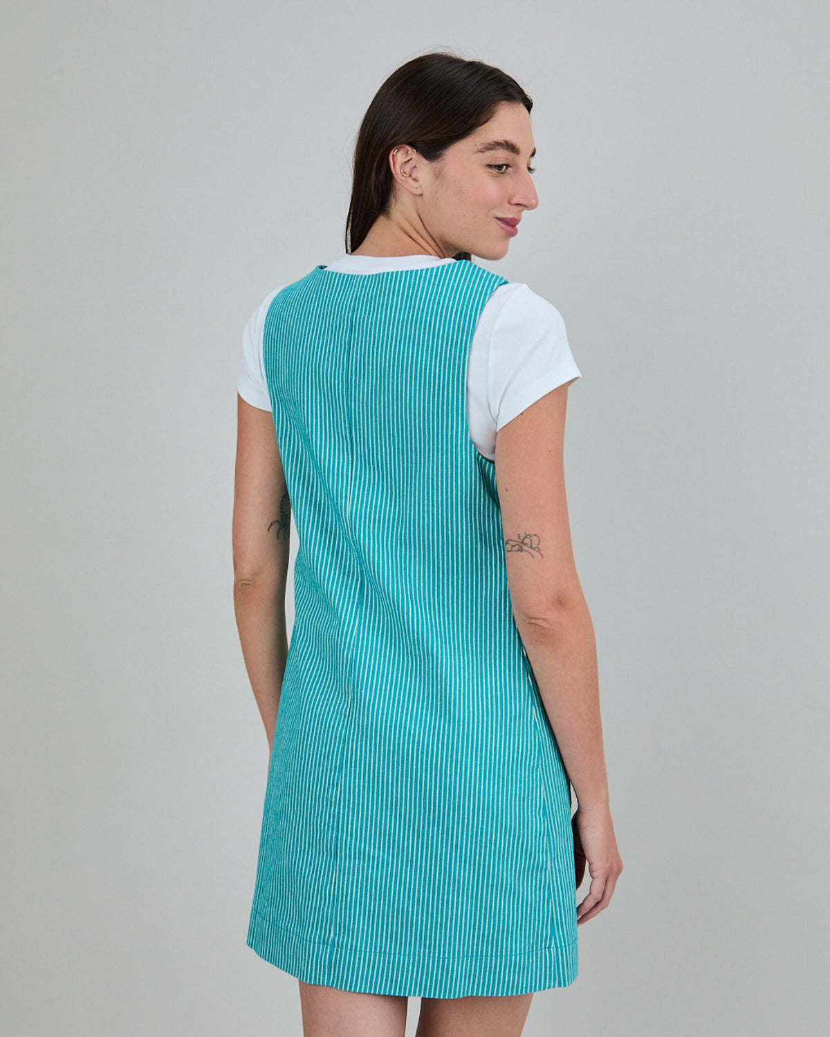 Denim Stripes Short Dress Green
